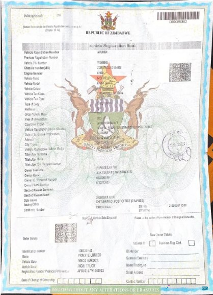 Download Zimbabwe vehicle registration certificate Photoshop template